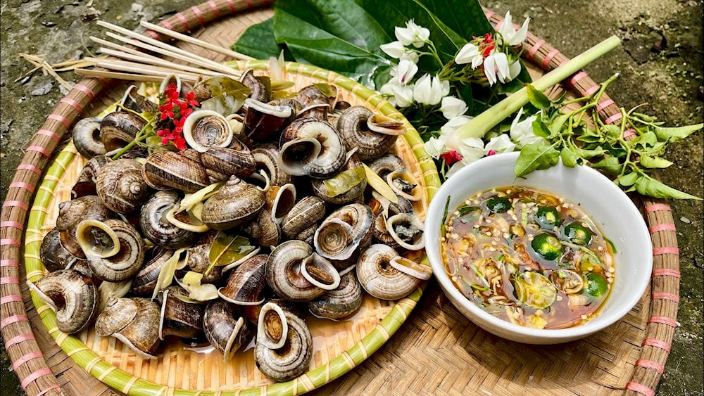Mountain snails, found in limestone crevices, have a sweet and crunchy taste, often steamed with lemongrass or stir-fried with herbs